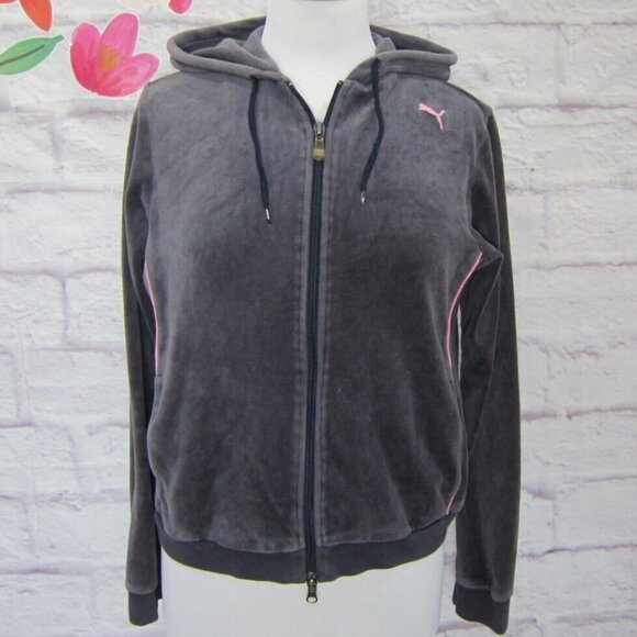 Puma Women’s Velour Full Zip Hooded Track Jacket Gray & Pink size M - Picture 1 of 9